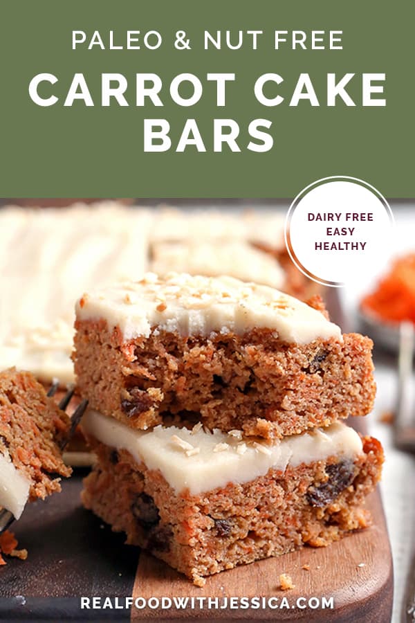 paleo nut free carrot cake bars, with text