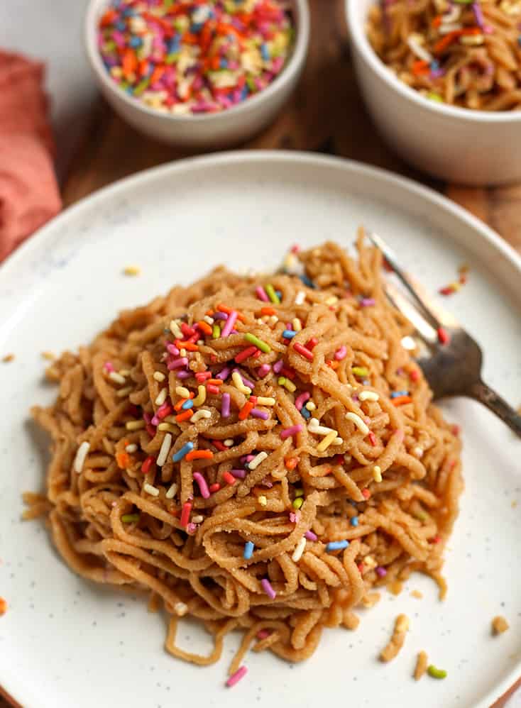 paleo vegan funfetti spaghetti on a plate 
