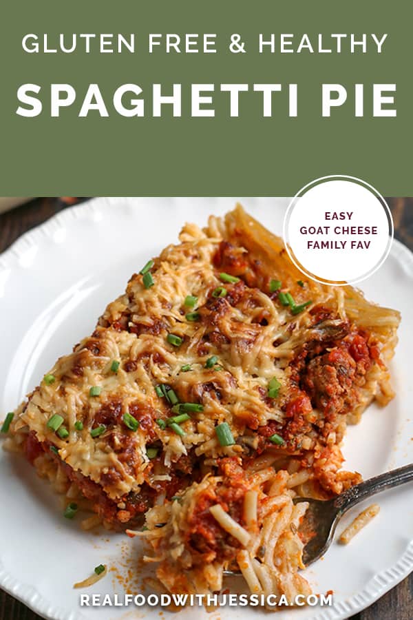 spaghetti pie on a plate with text 