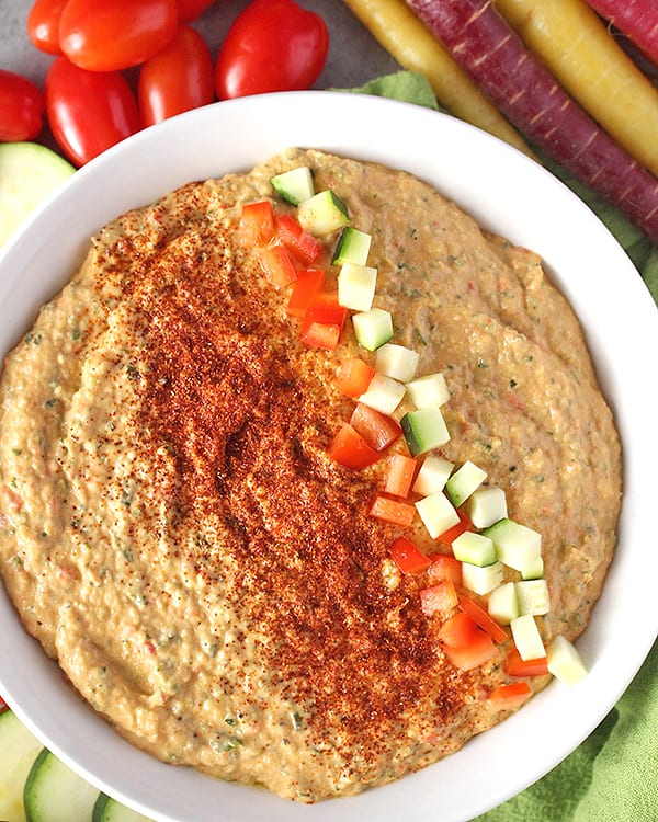 This Paleo Whole30 Hummus is bean-free, but still so delicious. This quick dip makes the perfect snack and also is gluten free, dairy free, and vegan. 