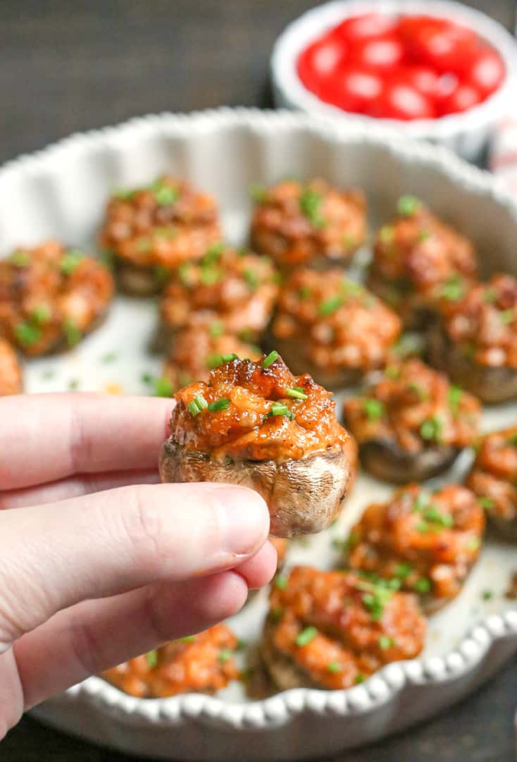 These Chipotle Stuffed Mushrooms are a kicked up appetizer that everyone will love. Sausage, Chipotle Mayo and onion make the best combination. Paleo, Whole30, gluten free and dairy free!