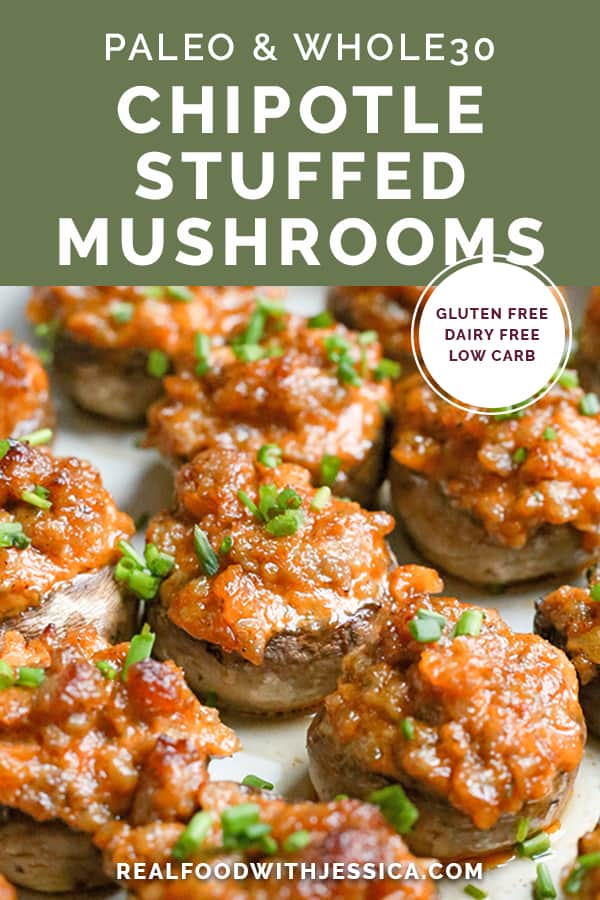 These Chipotle Stuffed Mushrooms are a kicked up appetizer that everyone will love. Sausage, Chipotle Mayo and onion make the best combination. Paleo, Whole30, gluten free and dairy free!