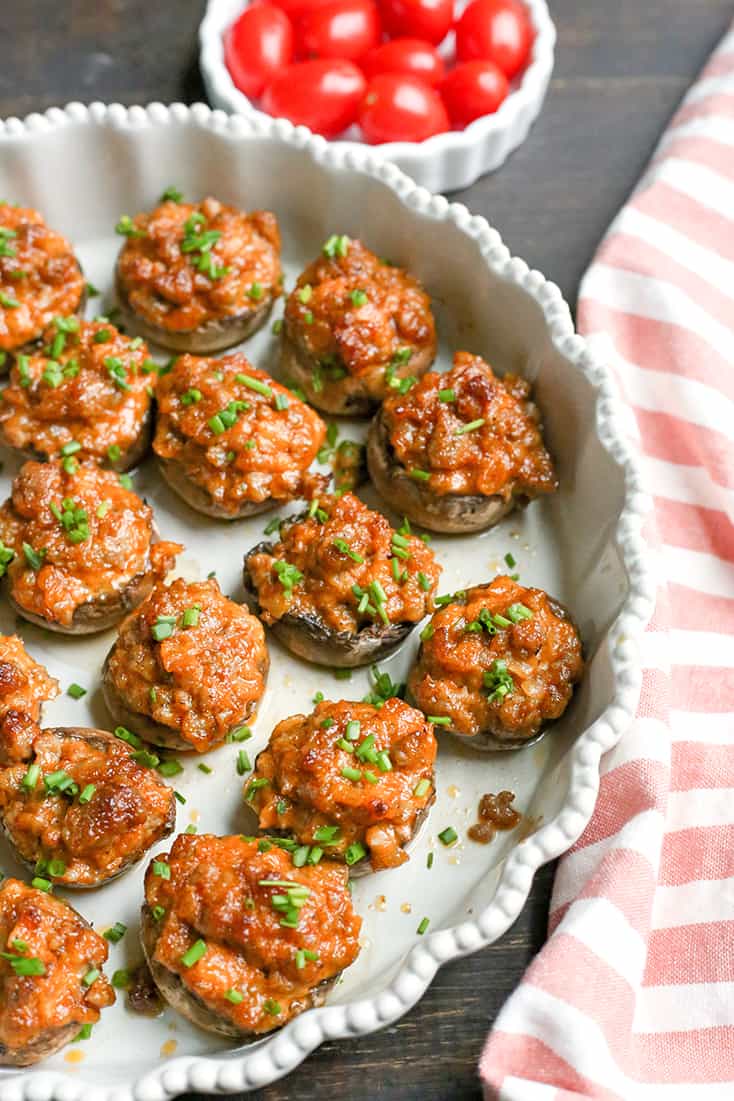 These Chipotle Stuffed Mushrooms are a kicked up appetizer that everyone will love. Sausage, Chipotle Mayo and onion make the best combination. Paleo, Whole30, gluten free and dairy free!