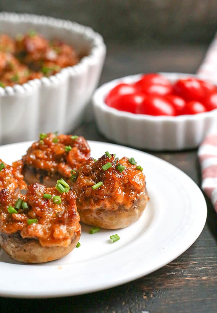 These Chipotle Stuffed Mushrooms are a kicked up appetizer that everyone will love. Sausage, Chipotle Mayo and onion make the best combination. Paleo, Whole30, gluten free and dairy free!