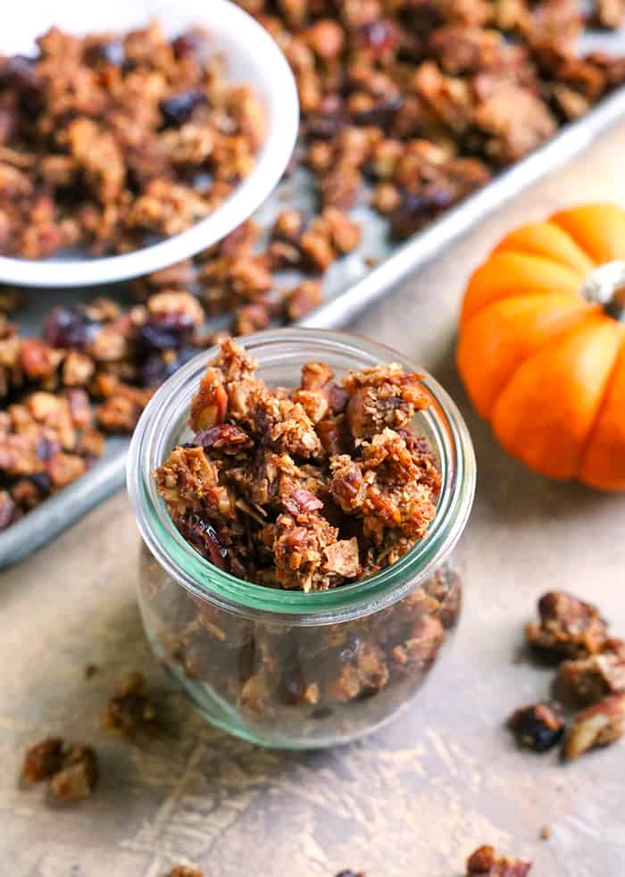 This Paleo Pumpkin Granola is healthy, easy, and so delicious!! Packed with nuts, coconut, and pumpkin and sweetened only with real maple syrup. This makes the perfect breakfast or snack. Gluten free, dairy free, and naturally sweetened. 