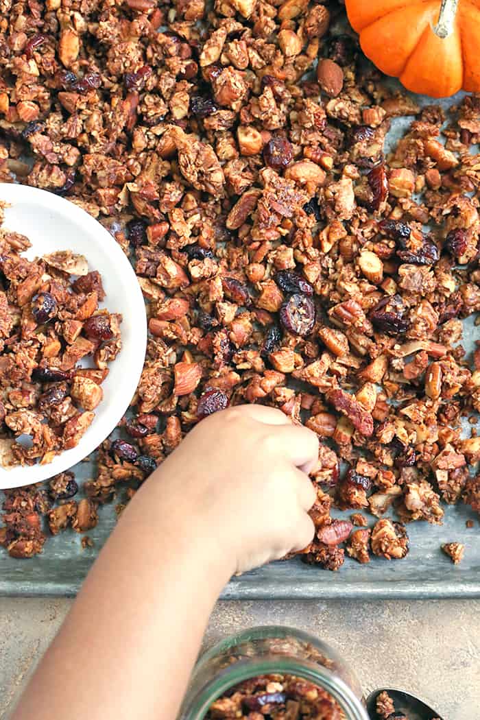 This Paleo Pumpkin Granola is healthy, easy, and so delicious!! Packed with nuts, coconut, and pumpkin and sweetened only with real maple syrup. This makes the perfect breakfast or snack. Gluten free, dairy free, and naturally sweetened. 