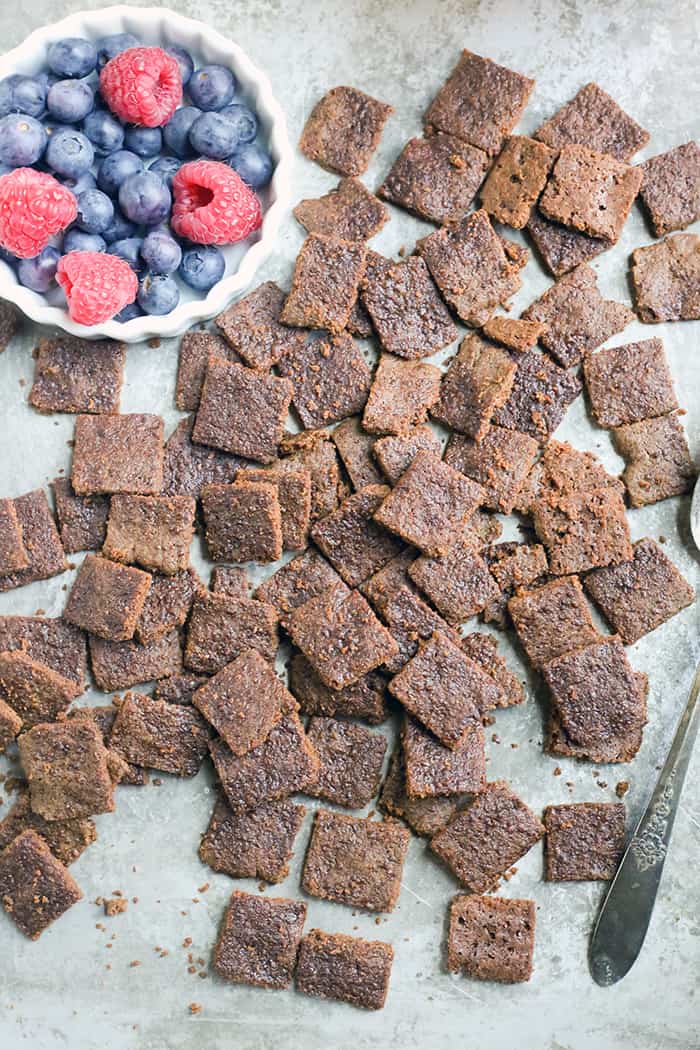 These Crunchy Cinnamon Toast Squares are a healthy alternative to the popular cinnamon cereal. Paleo, gluten free, and nut free and sure to satisfy your cereal craving!