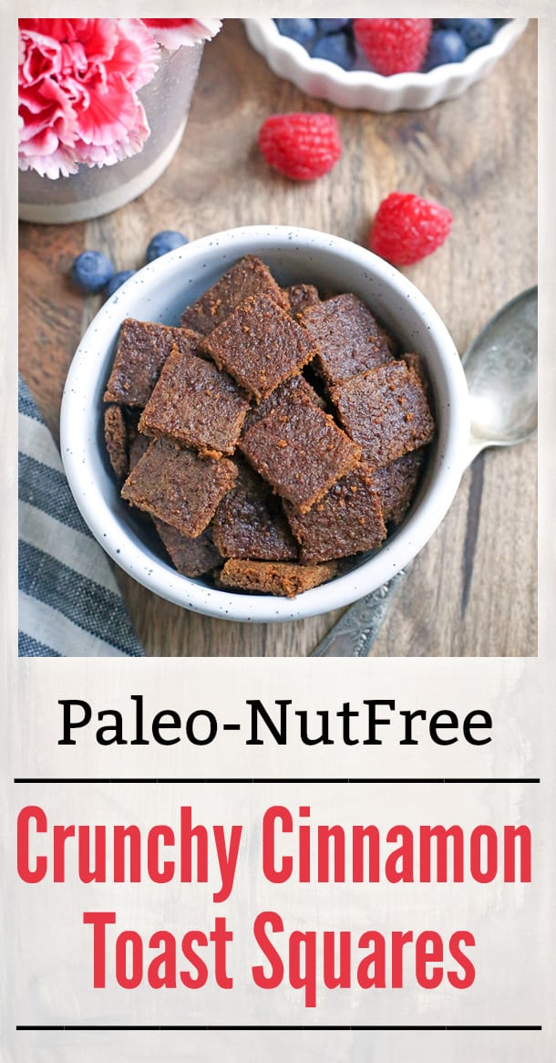 These Crunchy Cinnamon Toast Squares are a healthy alternative to the popular cinnamon cereal. Paleo, gluten free, and nut free and sure to satisfy your cereal craving!