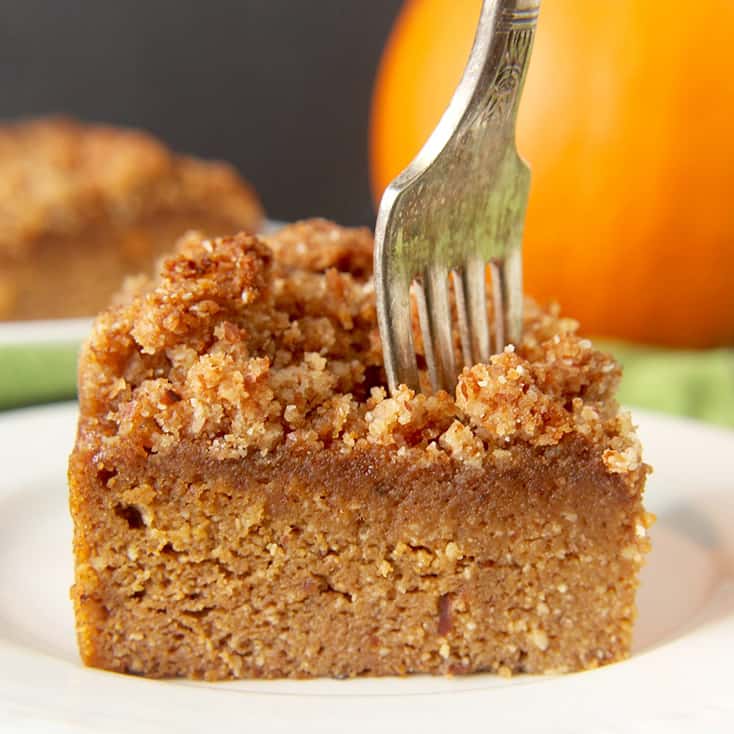 This Paleo Pumpkin Coffee Cake is the perfect fall dessert. A tender cake topped with an irresistible crumb topping. Gluten free, dairy free, and naturally sweetened. 