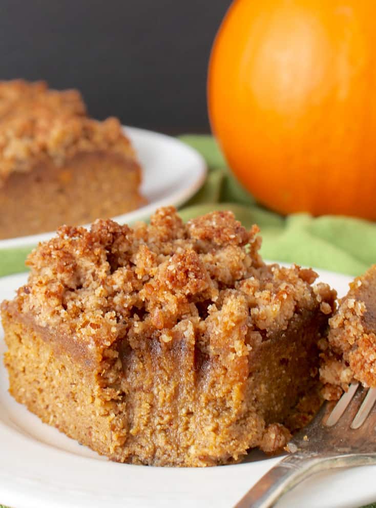 This Paleo Pumpkin Coffee Cake is the perfect fall dessert. A tender cake topped with an irresistible crumb topping. Gluten free, dairy free, and naturally sweetened. 