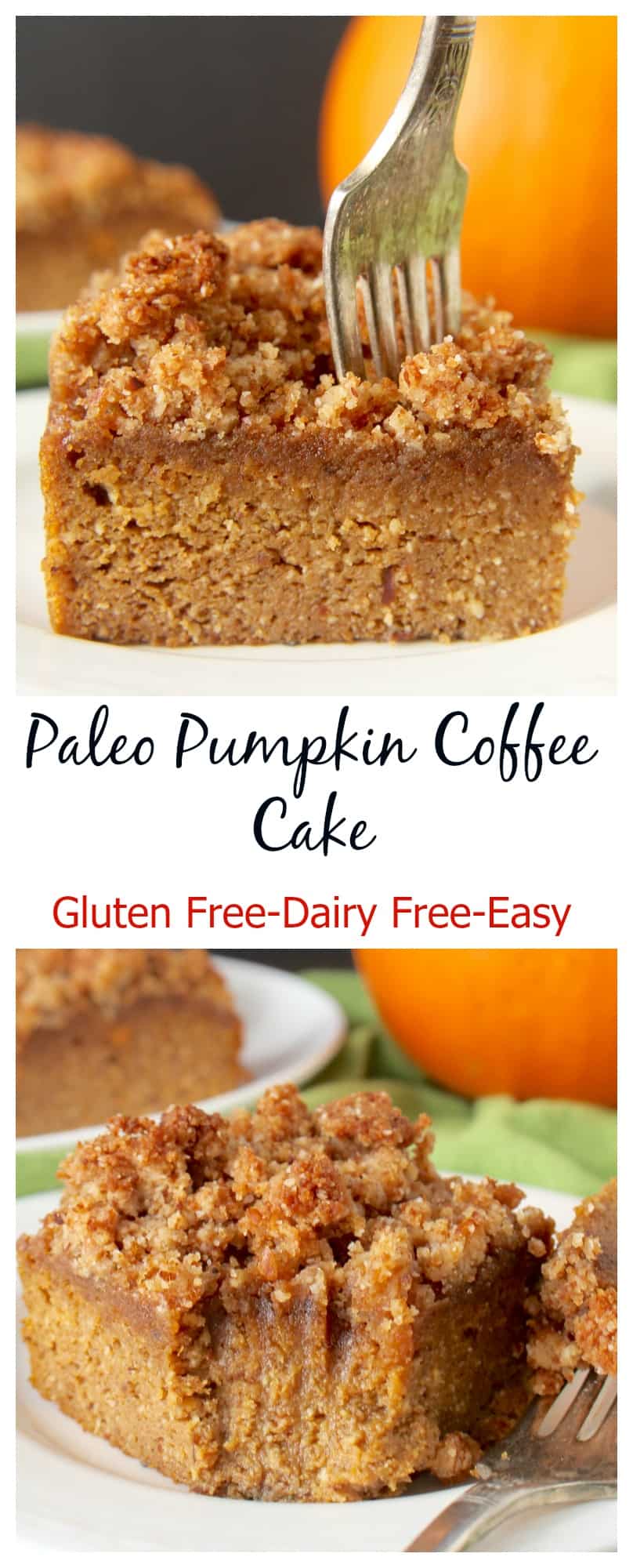 This Paleo Pumpkin Coffee Cake is the perfect fall dessert. A tender cake topped with an irresistible crumb topping. Gluten free, dairy free, and naturally sweetened. 