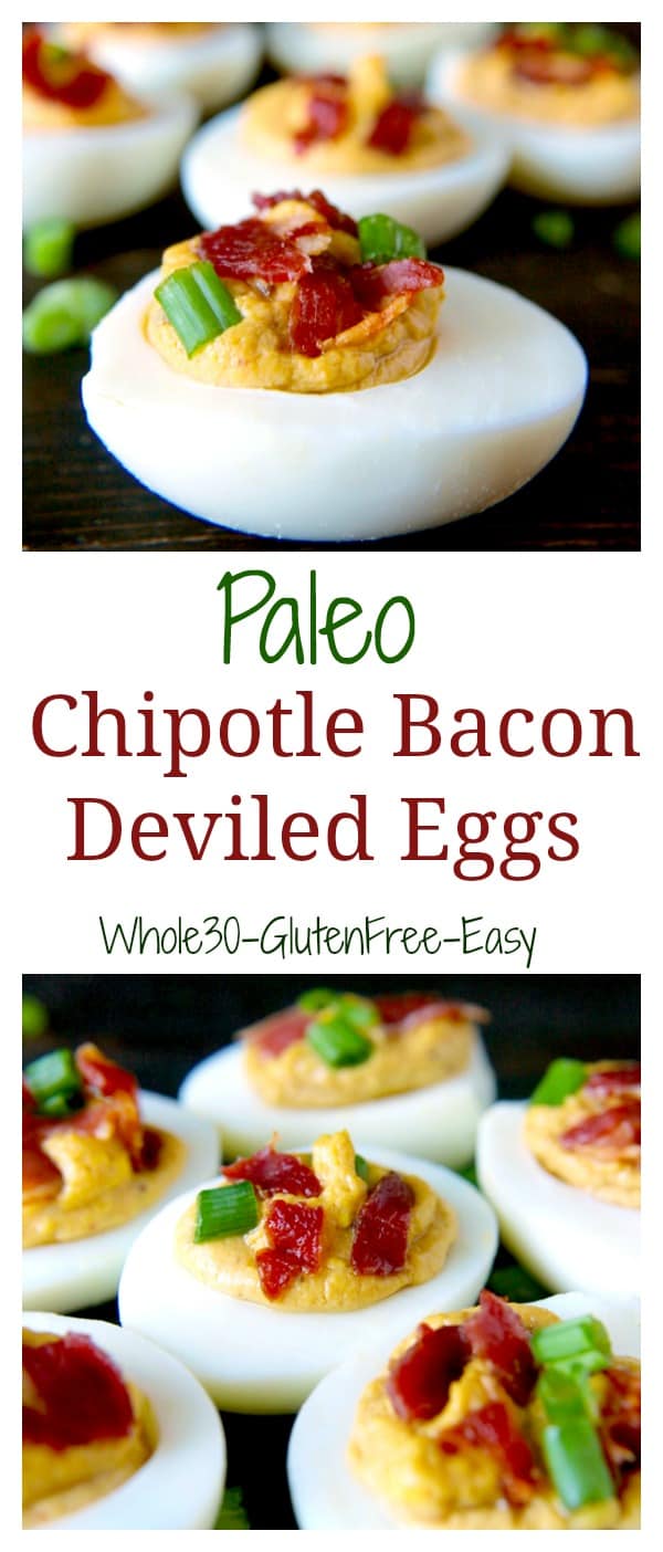 These Paleo Chipotle Bacon Deviled Eggs are the perfect appetizer, snack, or meal! Easy to make and the most delicious eggs you'll ever have! Whole30, gluten free, and low carb. 