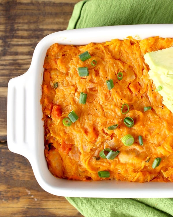 This Paleo Buffalo Chicken Casserole is healthy, full of flavor, and comforting. So good you'll be coming back for more. Whole30, gluten free, dairy free, and low carb.