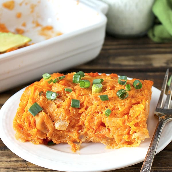 This Paleo Buffalo Chicken Casserole is healthy, full of flavor, and comforting. So good you'll be coming back for more. Whole30, gluten free, dairy free, and low carb.