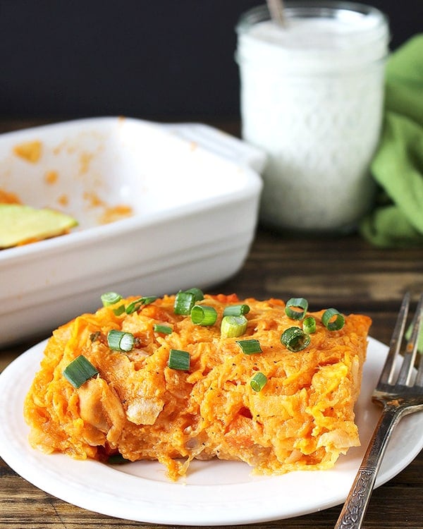 This Paleo Buffalo Chicken Casserole is healthy, full of flavor, and comforting. So good you'll be coming back for more. Whole30, gluten free, dairy free, and low carb.