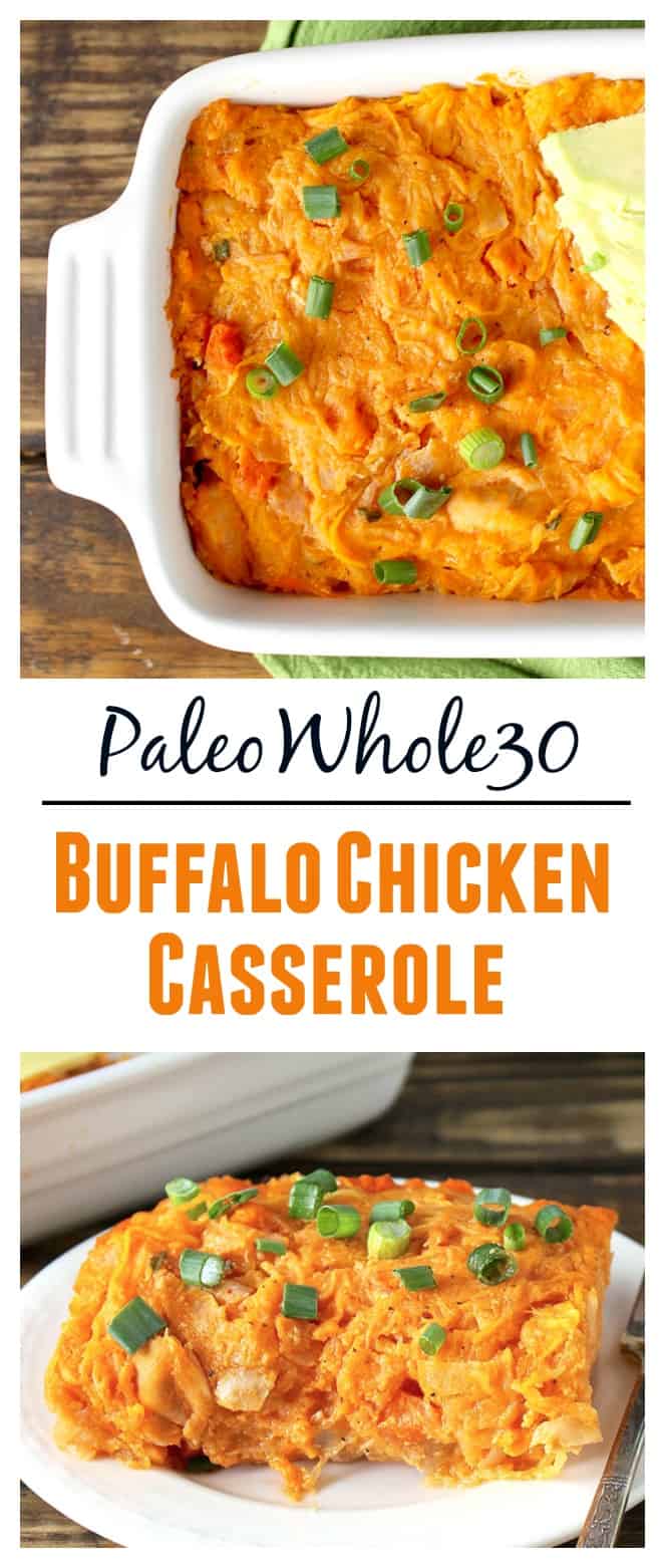 This Paleo Buffalo Chicken Casserole is healthy, full of flavor, and comforting. So good you'll be coming back for more. Whole30, gluten free, dairy free, and low carb.