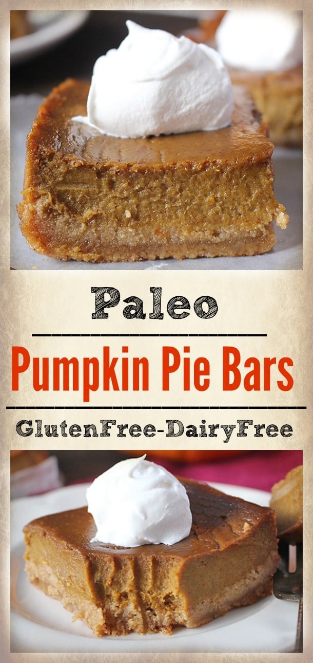 These Paleo Pumpkin Pie Bars are easy and so delicious! A graham cracker-like crust and rich, smooth filling makes for a perfect treat. Dairy free, gluten free, and naturally sweetened.