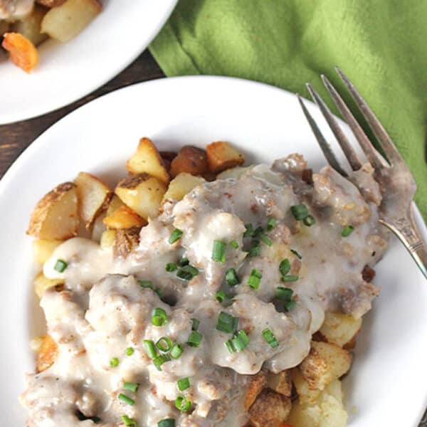 Sausage Gravy - Paleo and Whole30 Breakfast served in a white plate