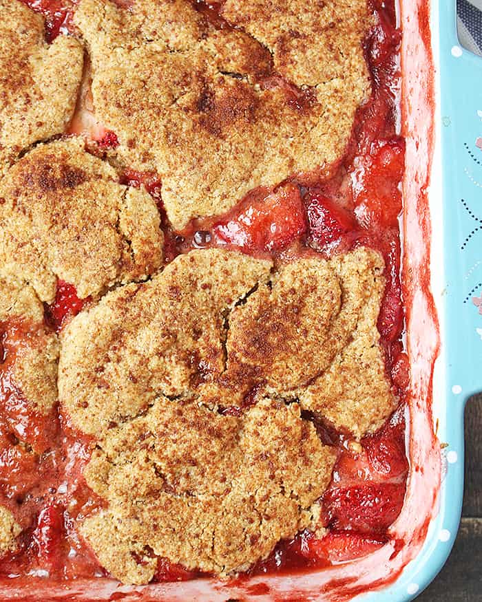 Fresh Strawberry Cobbler in a pan. 