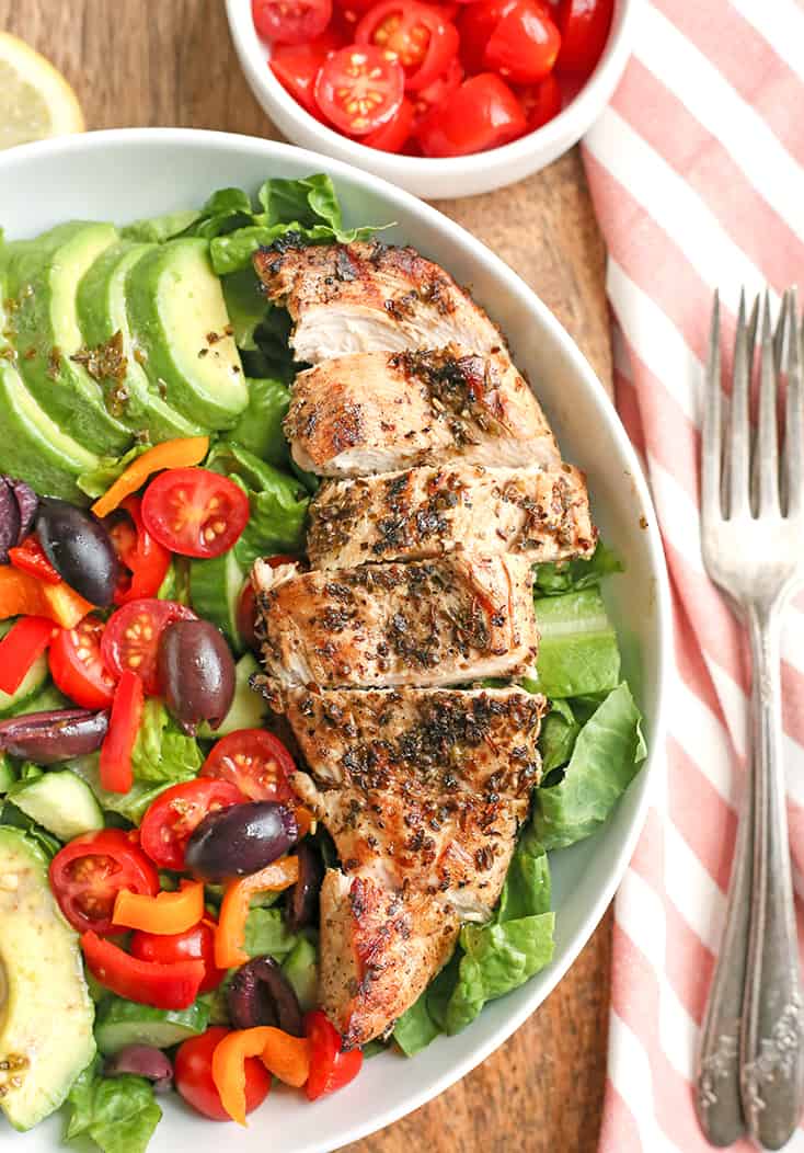 This Paleo Whole30 Greek Chicken Salad is loaded with so much flavor and is a complete meal in a bowl! Healthy, low FODMAP, low carb and incredibly delicious!