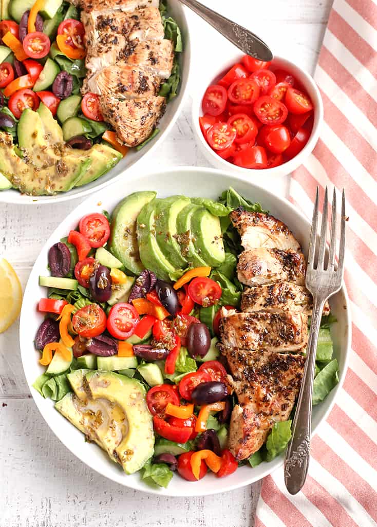 This Paleo Whole30 Greek Chicken Salad is loaded with so much flavor and is a complete meal in a bowl! Healthy, low FODMAP, low carb and incredibly delicious!