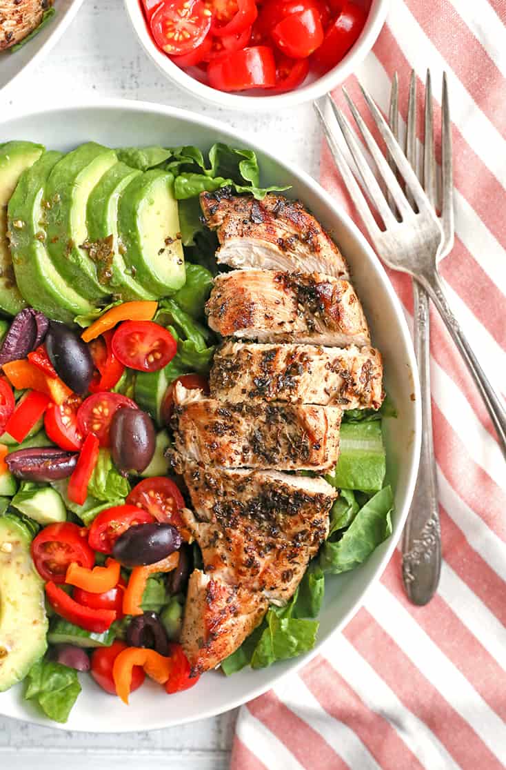 This Paleo Whole30 Greek Chicken Salad is loaded with so much flavor and is a complete meal in a bowl! Healthy, low FODMAP, low carb and incredibly delicious!