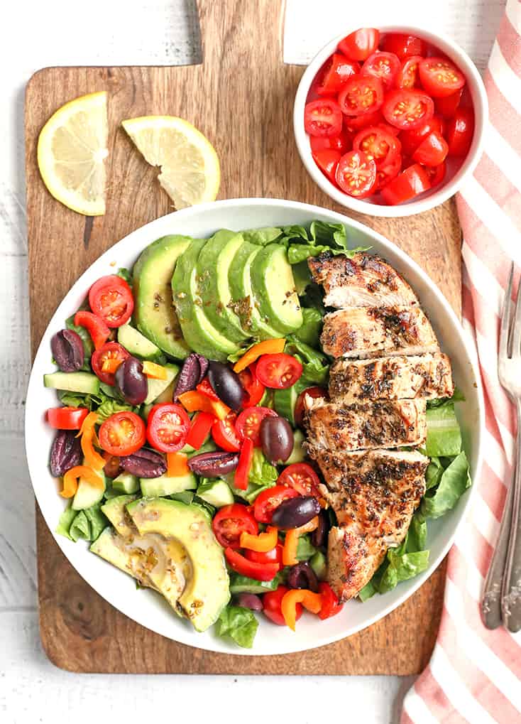 This Paleo Whole30 Greek Chicken Salad is loaded with so much flavor and is a complete meal in a bowl! Healthy, low FODMAP, low carb and incredibly delicious!