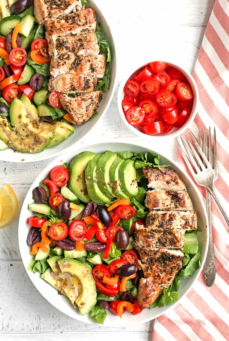 This Paleo Whole30 Greek Chicken Salad is loaded with so much flavor and is a complete meal in a bowl! Healthy, low FODMAP, low carb and incredibly delicious!