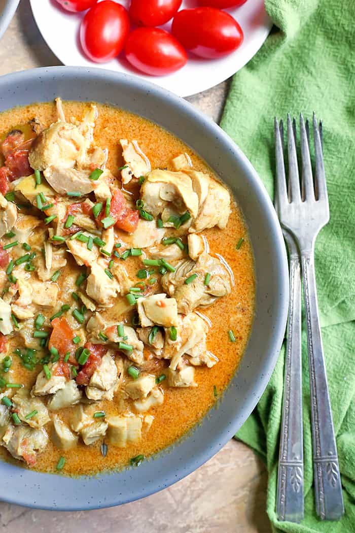 This Paleo Whole30 Instant Pot Chicken Curry is so fast and flavorful! It is so easy to make and only has 7 ingredients. Using the Instant Pot saves time and the result is moist chicken, creamy sauce, and rich flavor. You will love it! Gluten free, dairy free, and low fodmap.