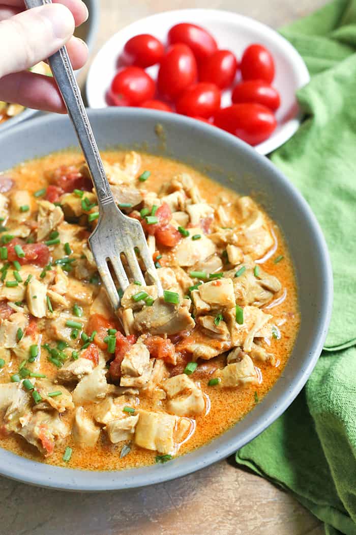 This Paleo Whole30 Instant Pot Chicken Curry is so fast and flavorful! It is so easy to make and only has 7 ingredients. Using the Instant Pot saves time and the result is moist chicken, creamy sauce, and rich flavor. You will love it! Gluten free, dairy free, and low fodmap.