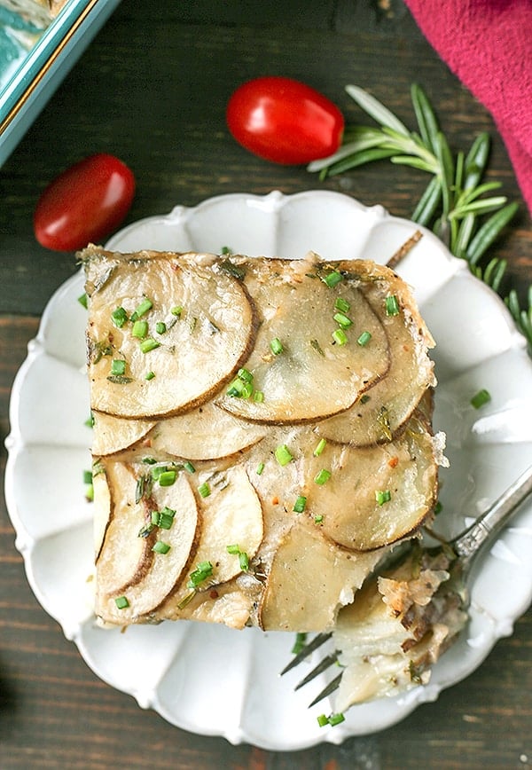 plate of scalloped potatoes with a fork taking a bite out of it. 