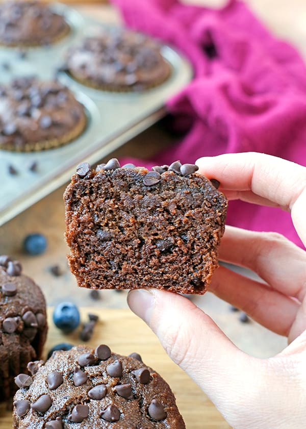 Hand holding a chocolate muffin with the inside showing. 