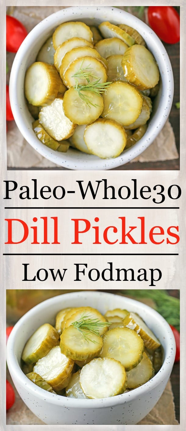 These Paleo Whole30 Dill Pickles are easy and delicious. A healthy alternative to store bought and they take just minutes to make. Crunchy, garlicky, and so good. Made low fodmap with garlic oil!
