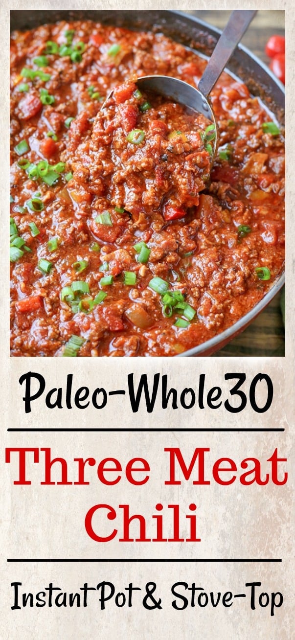 This Paleo Whole30 Three Meat Chili is packed with flavor! Sausage, bacon, and beef combine to make a hearty and delicious meal. Gluten free, dairy free and sure to become a family favorite.