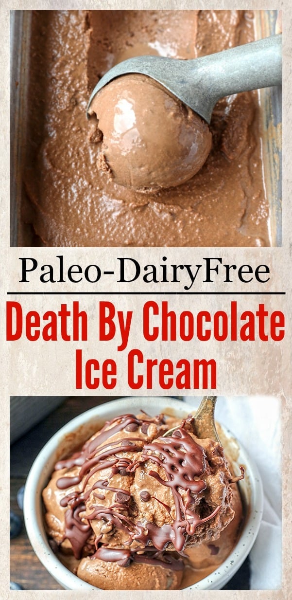 This Paleo Death By Chocolate Ice Cream is rich, creamy, and so delicious! 7 simple ingredients and a little hands on time for a treat that is so good you won't be able to tell it's healthy. Dairy free, naturally sweetened and gluten free.