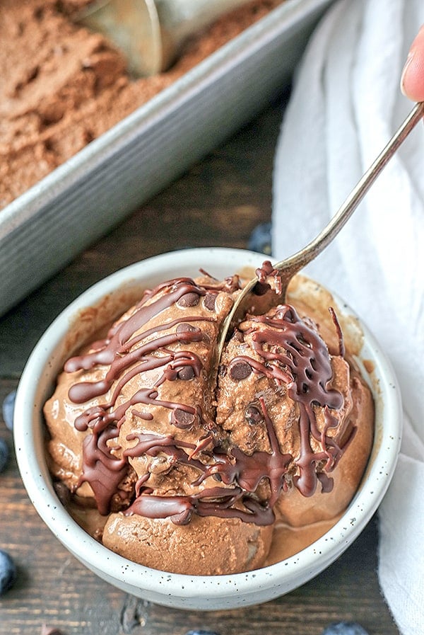 This Paleo Death By Chocolate Ice Cream is rich, creamy, and so delicious! 7 simple ingredients and a little hands on time for a treat that is so good you won't be able to tell it's healthy. Dairy free, naturally sweetened and gluten free.