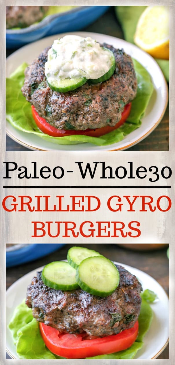 These Paleo Whole30 Grilled Gyro Burgers are easy to make and packed with so much flavor! The perfect burger to make for your grill out! Low carb, keto, and low fodmap and everyone will enjoy them!
