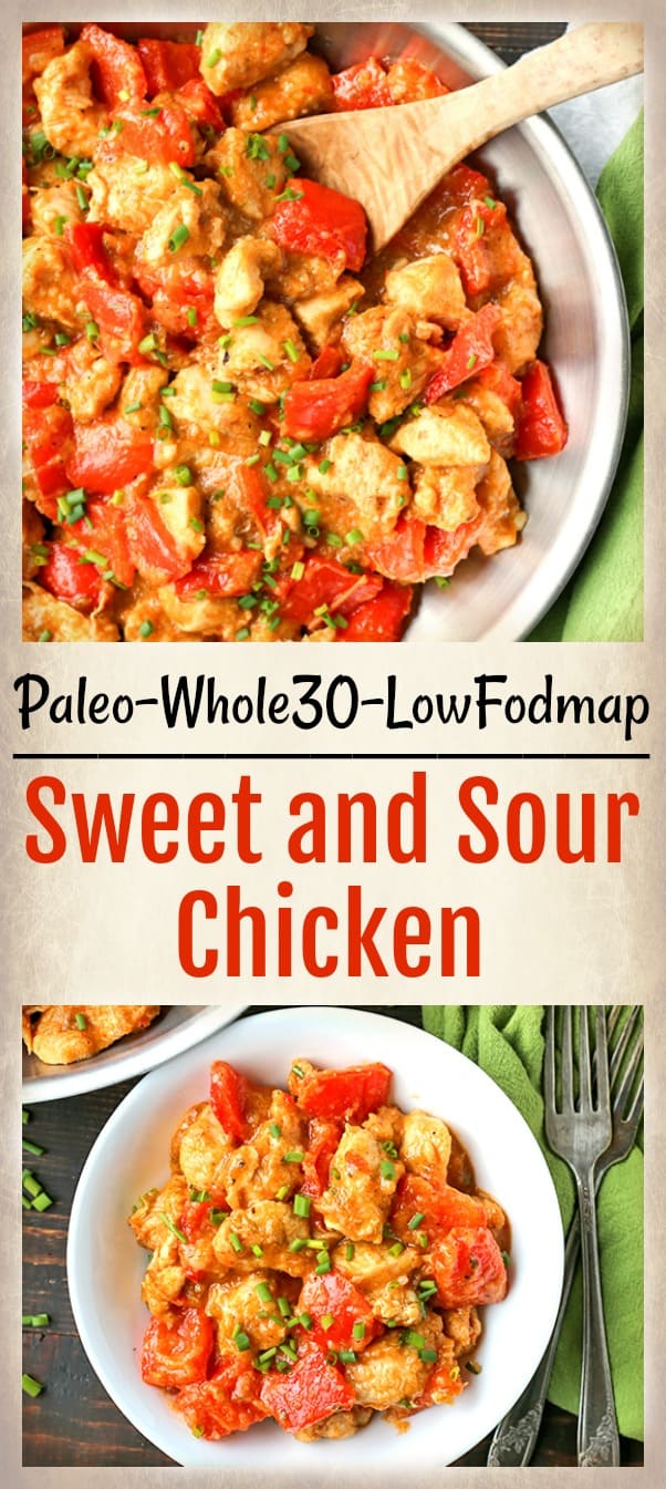 This Paleo Whole30 Sweet and Sour Chicken is a meal the whole family will love. A homemade sauce that is sweetened with only fruit and comes together quickly. A heathy, easy meal that is gluten free, dairy free, and low fodmap.