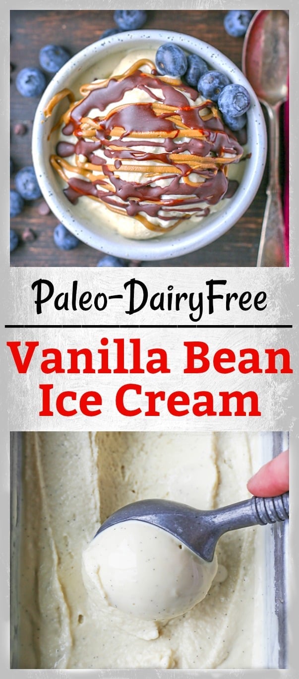 This Paleo Vanilla Bean Ice Cream is creamy, sweet, and so perfect for summer! Only 5 ingredients and ready to be topped with your favorite toppings. Gluten free, dairy free, and naturally sweetened.