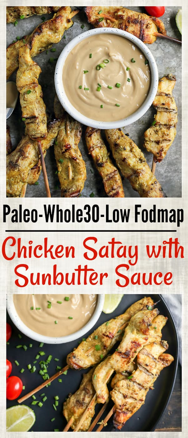 This Paleo Whole30 Chicken Satay with Sunbutter Sauce is a take on the popular Thai dish. Marinated chicken that is grilled then dipped in a flavorful sauce. Gluten free, dairy free, nut free, and low fodmap.