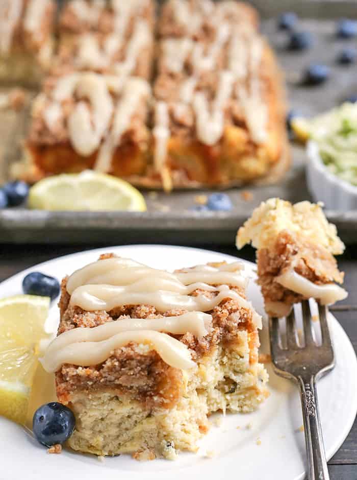 This Paleo Lemon Zucchini Coffee Cake is tender, moist, and has the best crumb topping! It's gluten free, dairy free, and is sure to become a new favorite!