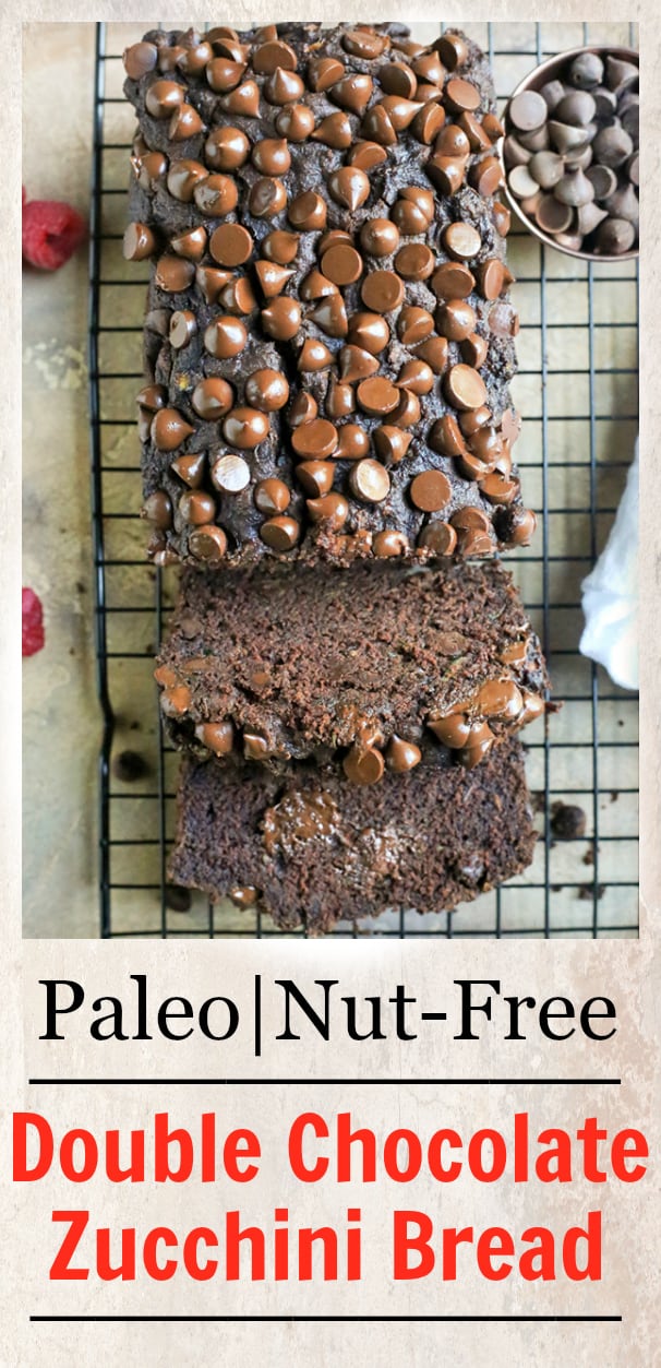 This Paleo Nut-Free Double Chocolate Zucchini Bread is rich, moist, and so chocolatey! It tastes like a decadent dessert, but made healthy! Gluten free, dairy free, and naturally sweetened.