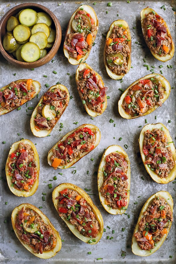 These Paleo Whole30 Bacon Hamburger Potato Skins have all the flavors of a juicy burger, but packed in a crispy potato skin. Such a fun meal that everyone will love. They are gluten free, dairy free, and low fodmap.