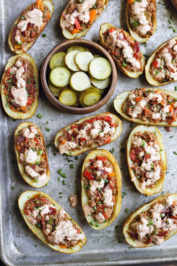 These Paleo Whole30 Bacon Hamburger Potato Skins have all the flavors of a juicy burger, but packed in a crispy potato skin. Such a fun meal that everyone will love. They are gluten free, dairy free, and low fodmap.