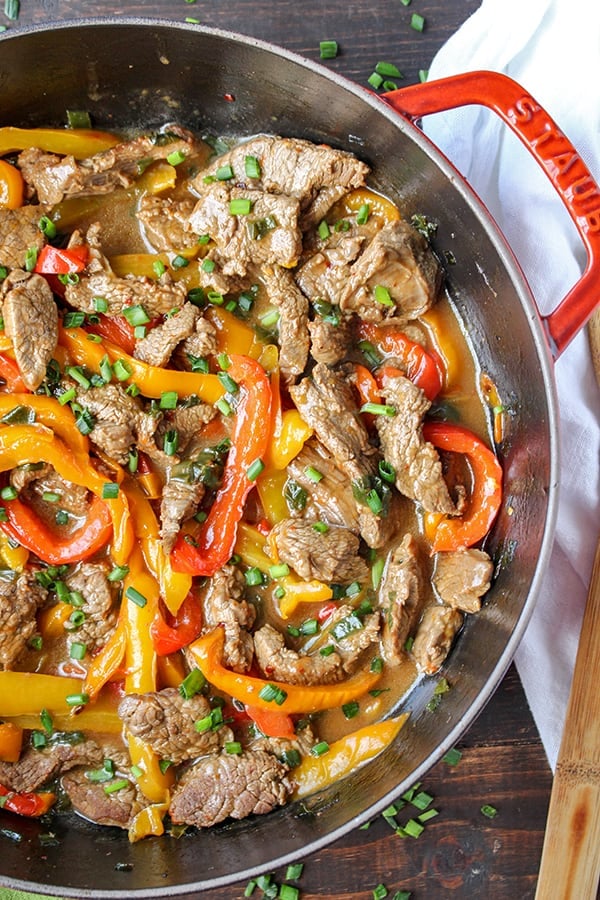 This Paleo Whole30 Easy Pepper Steak is quick and flavorful! Tender beef and thinly sliced peppers covered in a savory sauce. Gluten free, dairy free, and low FODMAP. 