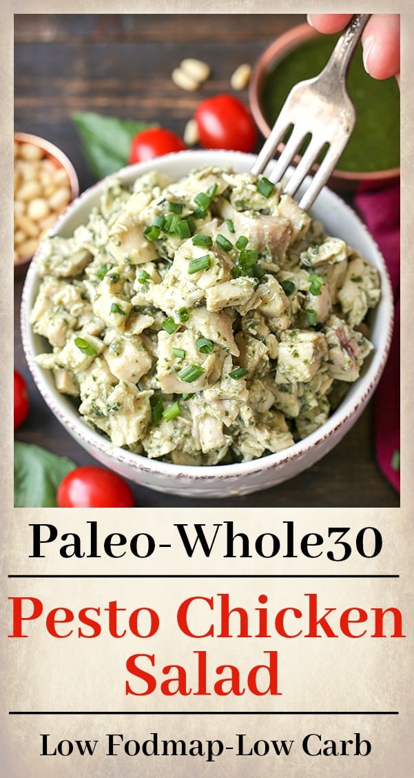 This Paleo Whole30 Pesto Chicken Salad is an easy and delicious meal that is healthy and filling. Just 3 simple ingredients combined to make a flavorful meal. Gluten free, dairy free, low fodmap, and low carb.
