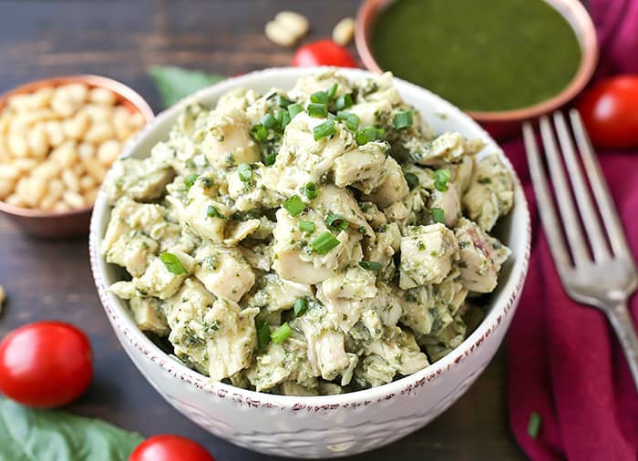 This Paleo Whole30 Pesto Chicken Salad is an easy and delicious meal that is healthy and filling. Just 3 simple ingredients combined to make a flavorful meal. Gluten free, dairy free, low fodmap, and low carb.