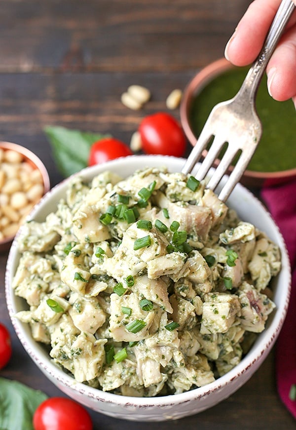 This Paleo Whole30 Pesto Chicken Salad is an easy and delicious meal that is healthy and filling. Just 3 simple ingredients combined to make a flavorful meal. Gluten free, dairy free, low fodmap, and low carb.