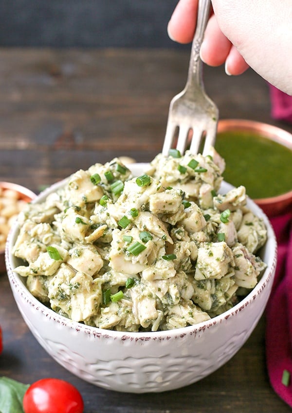 This Paleo Whole30 Pesto Chicken Salad is an easy and delicious meal that is healthy and filling. Just 3 simple ingredients combined to make a flavorful meal. Gluten free, dairy free, low fodmap, and low carb.