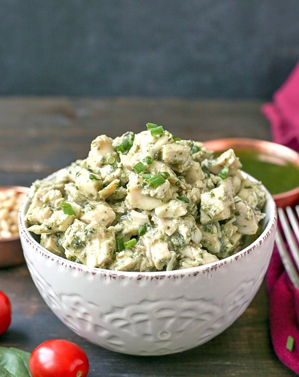 This Paleo Whole30 Pesto Chicken Salad is an easy and delicious meal that is healthy and filling. Just 3 simple ingredients combined to make a flavorful meal. Gluten free, dairy free, low fodmap, and low carb.